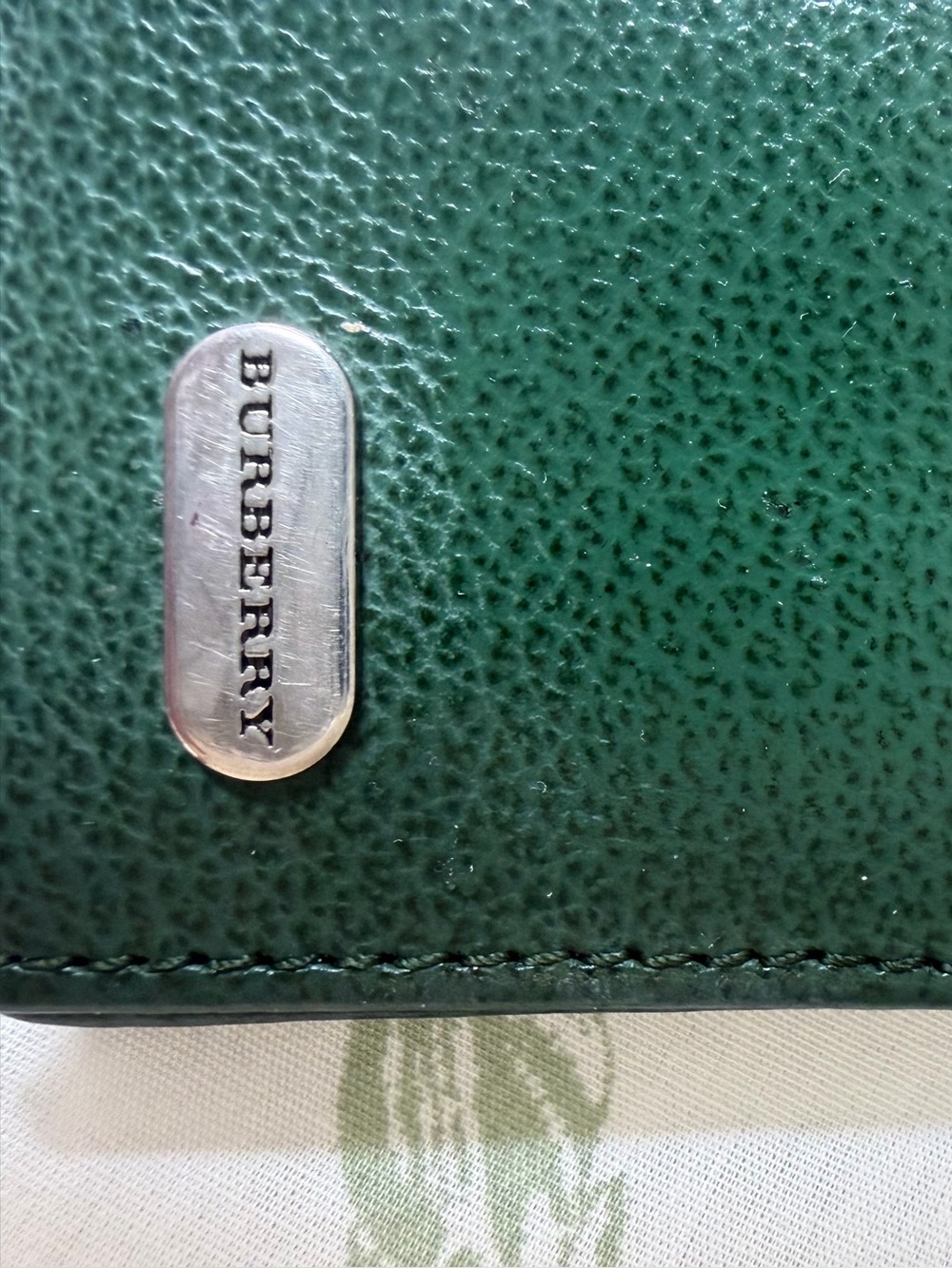 Burberry Dark Green Unisex Leather Wallet with Silver Plaque